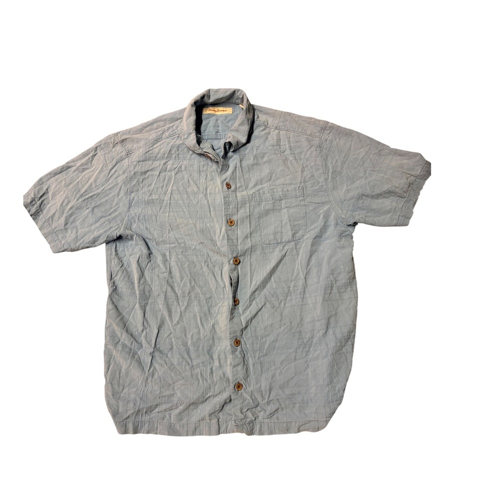 Tommy‎ Bahama Mens Blue 100% Silk Textured Grid Short Sleeve Camp Shirt Large